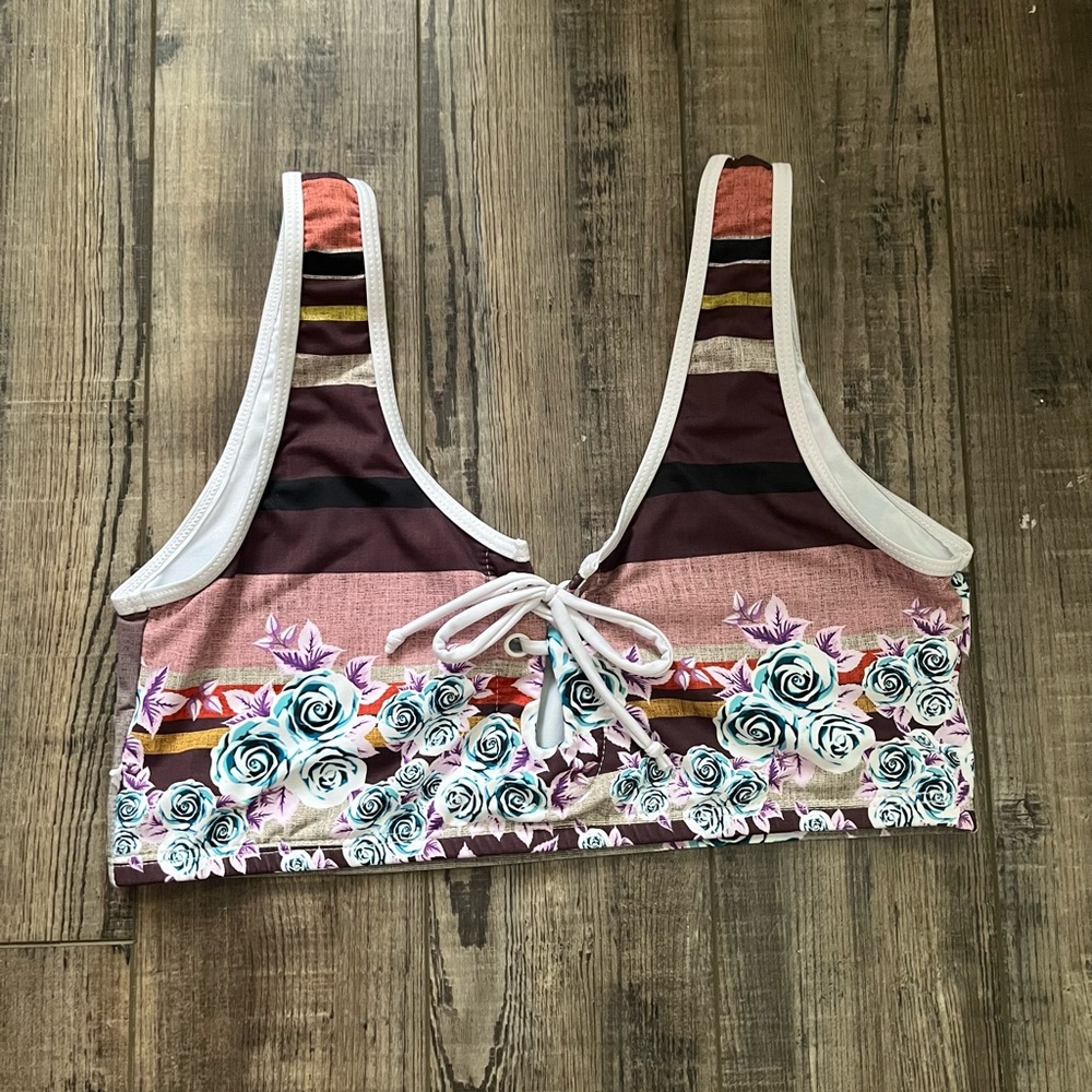 Athletic Swim Top Bikini Flower an Stripe Print with Tie Front XL